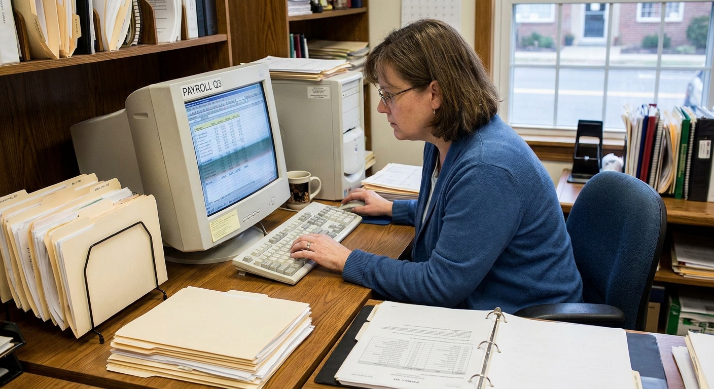 A small business manager reviewing payroll reports on a computer in an office with paper files on the desk