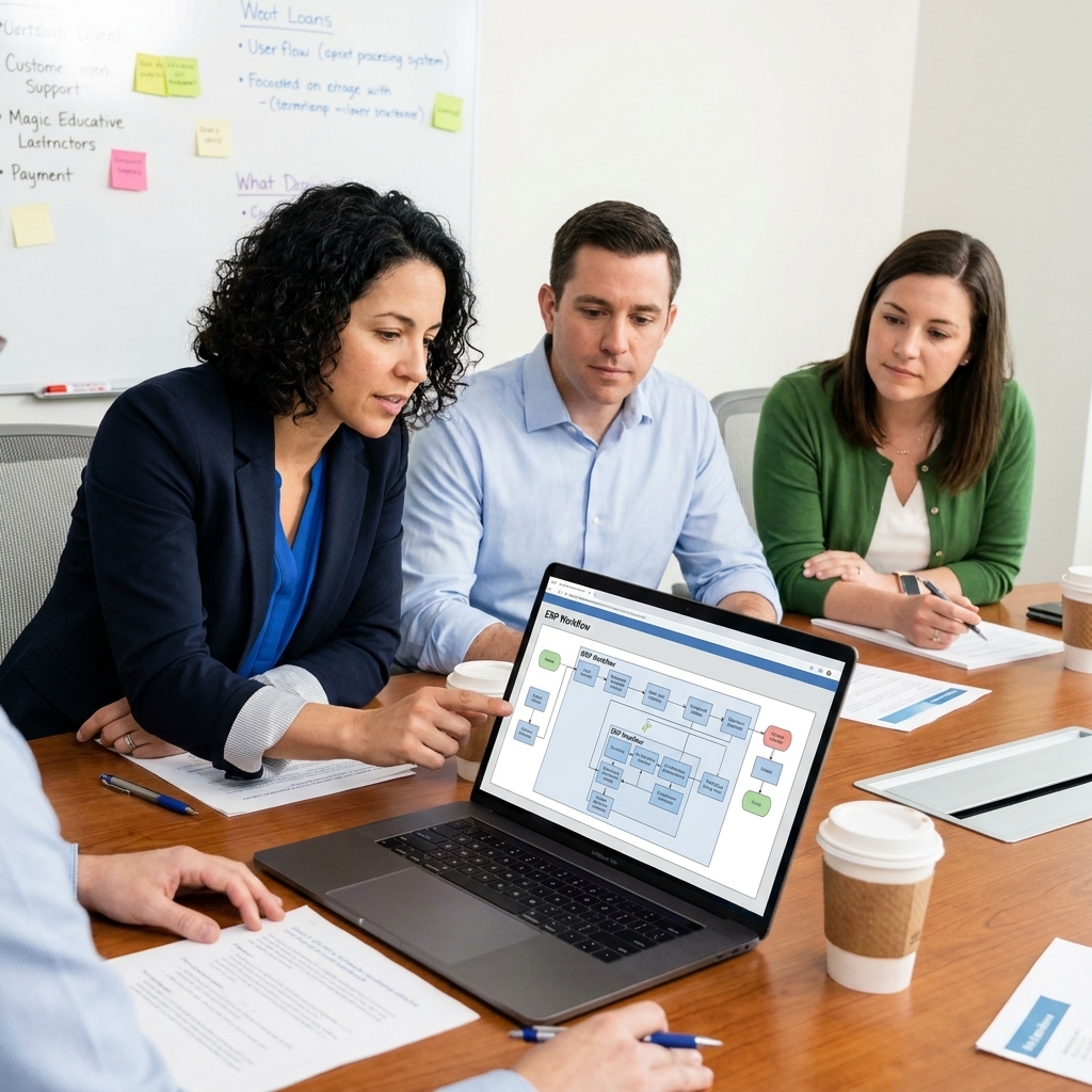 A small business operations team in a conference room reviewing workflow screens on a laptop during an ERP planning meeting