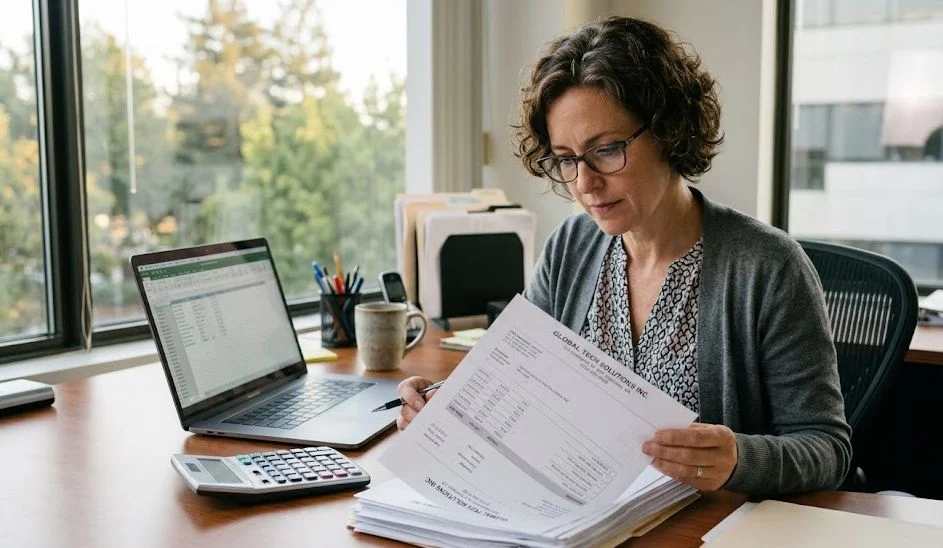 A small business owner at a conference table reviewing a stack of mailed invoices with a calculator and a laptop open, focused expression