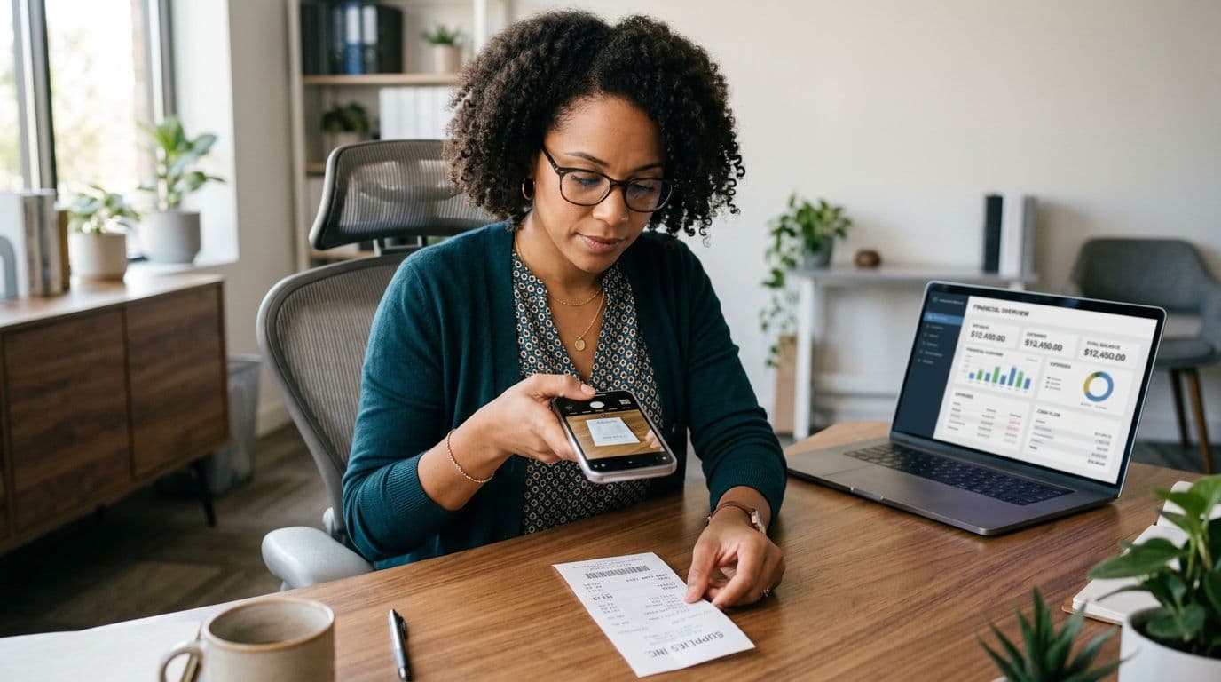 A small business owner at a desk reviewing a laptop receipt next to a notebook and calculator in a home office.