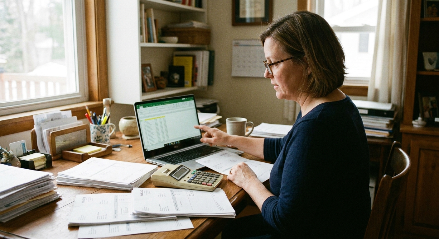 A small business owner at a desk reviewing paper invoices and a laptop spreadsheet with a calculator nearby