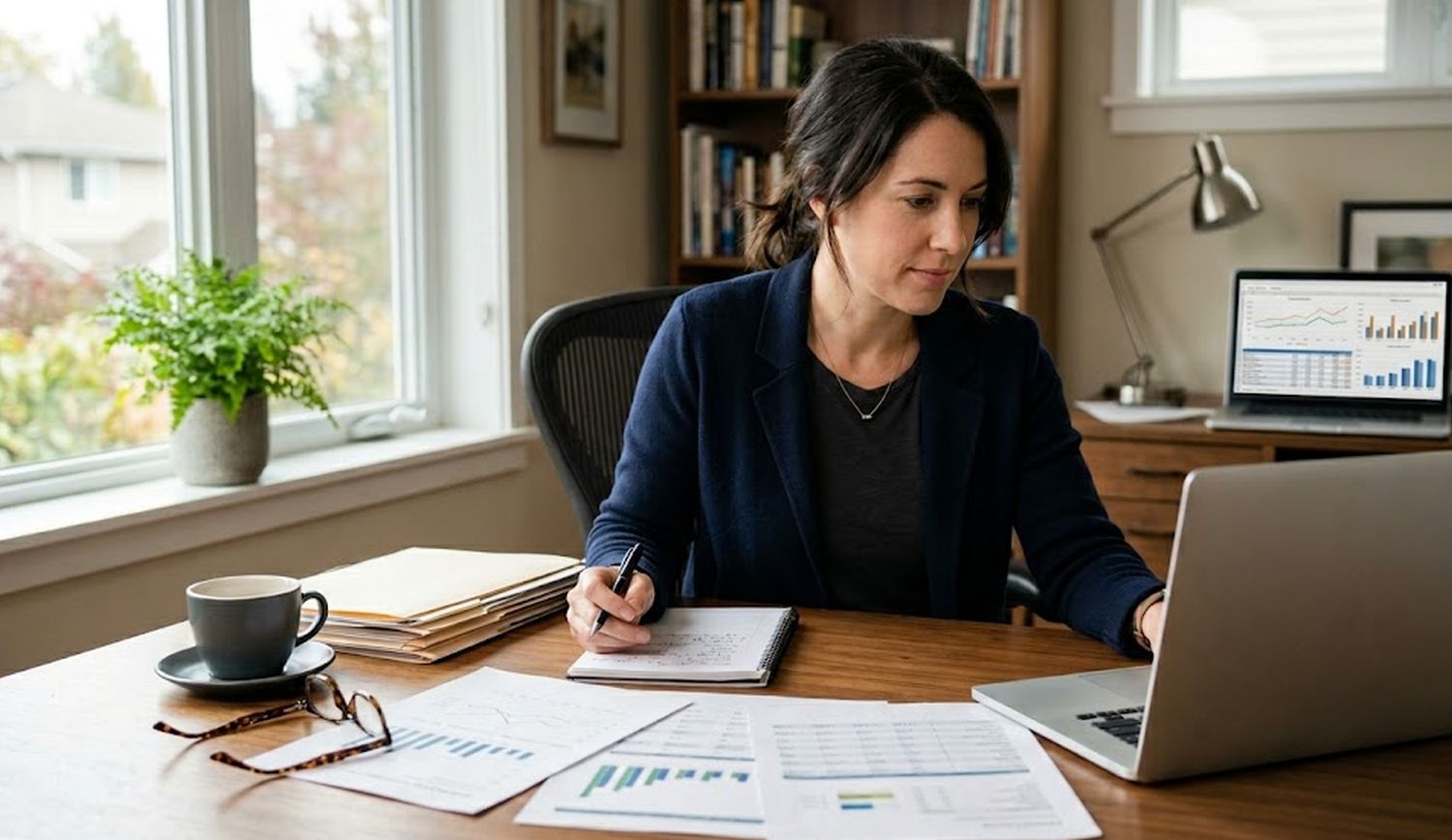 A small business owner at a desk reviewing printed credit reports and bank statements with a laptop open, natural office lighting