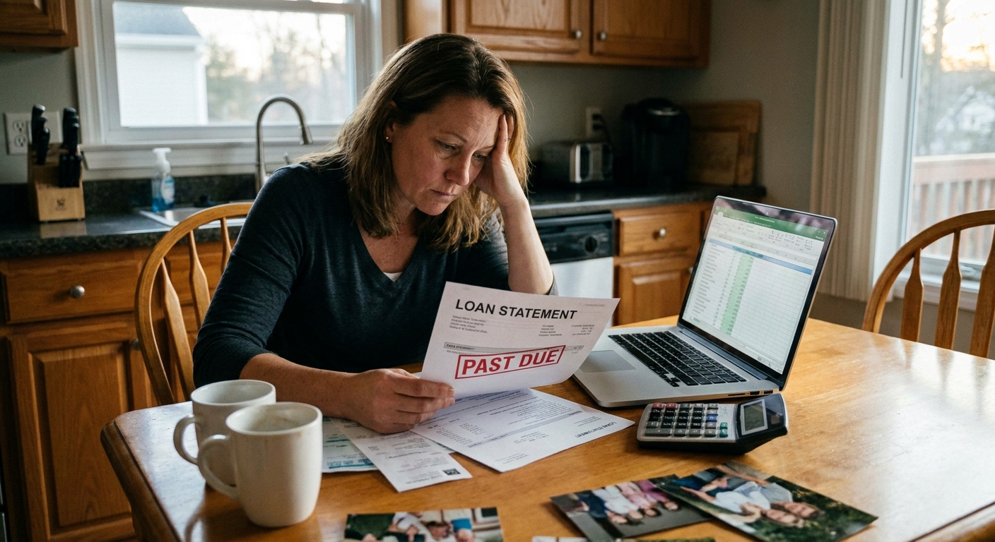 A small business owner at a kitchen table looking down at a printed loan statement beside an open laptop and a calculator