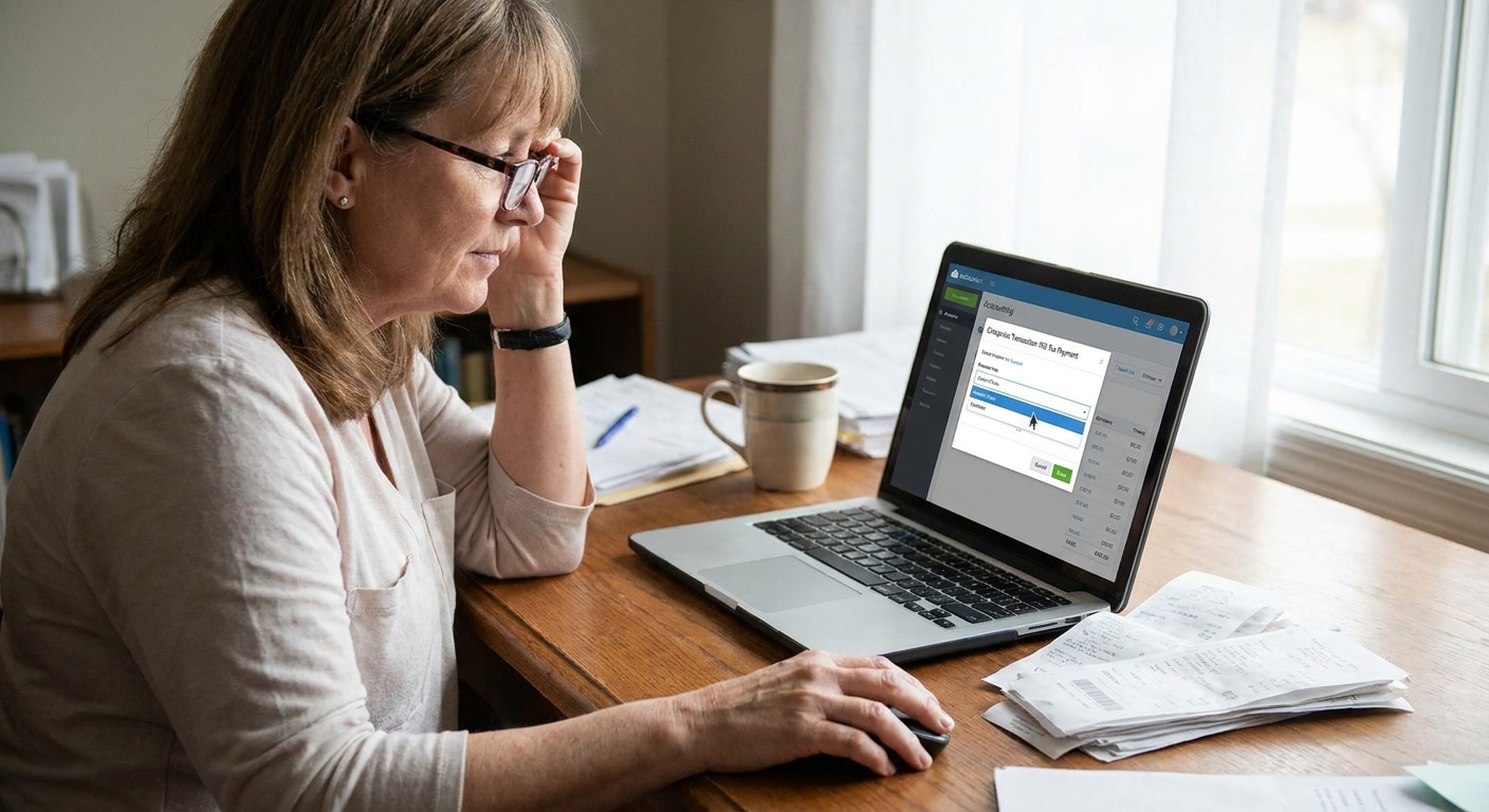 A small-business owner entering transactions into bookkeeping software and categorizing a tax payment as an owner draw