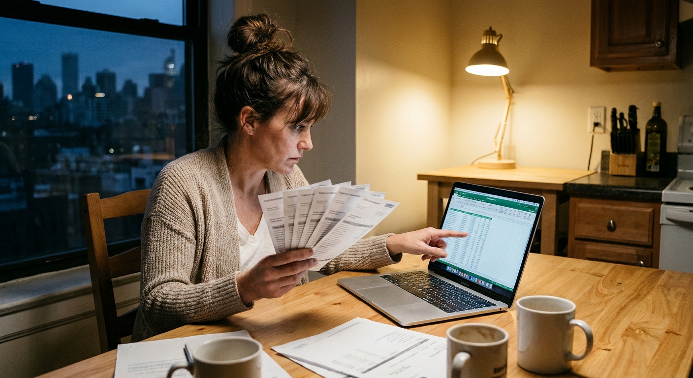 A small business owner holding printed credit card statements next to a laptop on a kitchen table at night