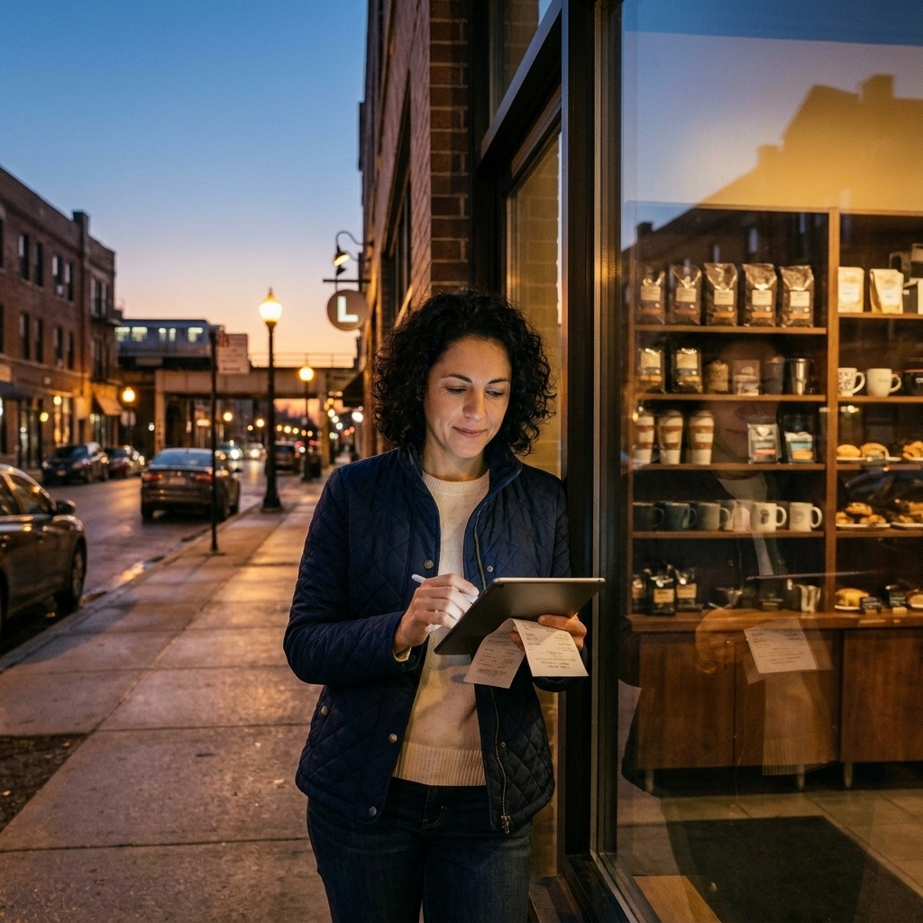A small business owner in Chicago standing in a storefront doorway at dusk, reviewing a tablet with receipts and sales notes