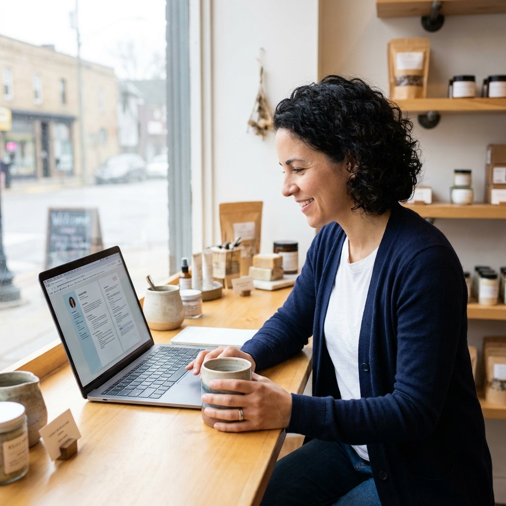 A small business owner in a storefront reviewing job applications on a laptop