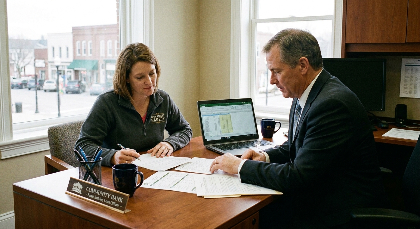A small business owner meeting with a loan officer at a bank desk, reviewing financial statements and a laptop screen during a daytime appointment