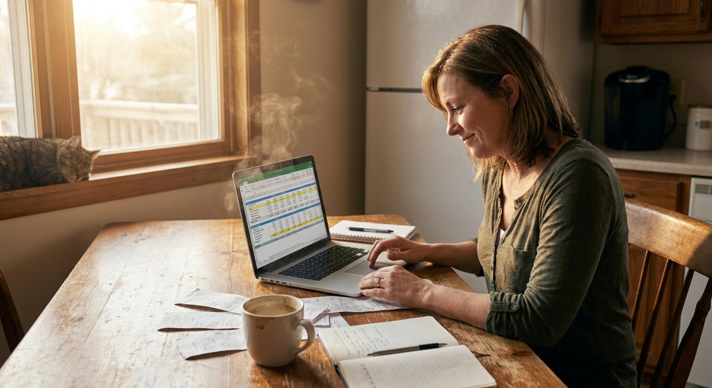 A small business owner reviewing a cash flow spreadsheet on a laptop at a kitchen table with coffee and receipts nearby in morning light