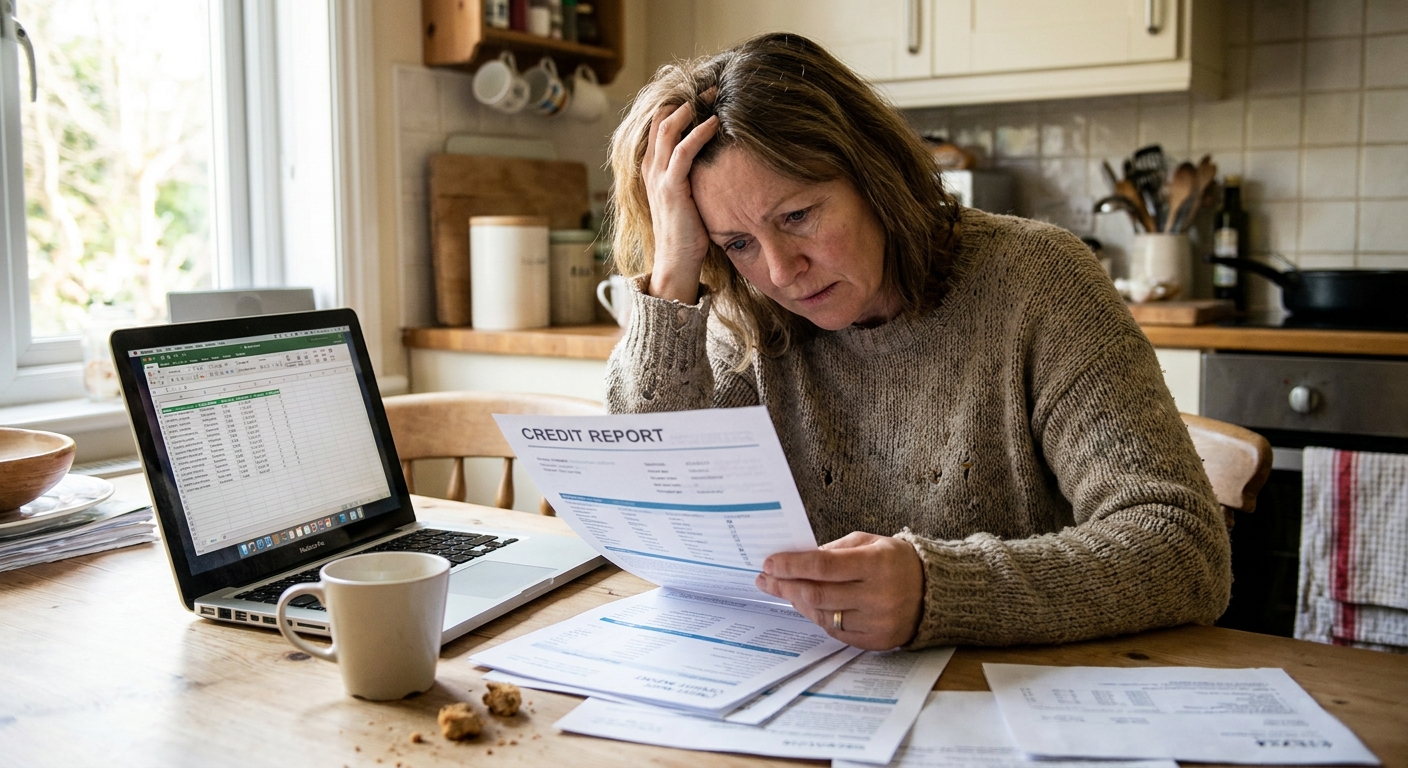 A small business owner reviewing a printed credit report at a kitchen table with a laptop open.