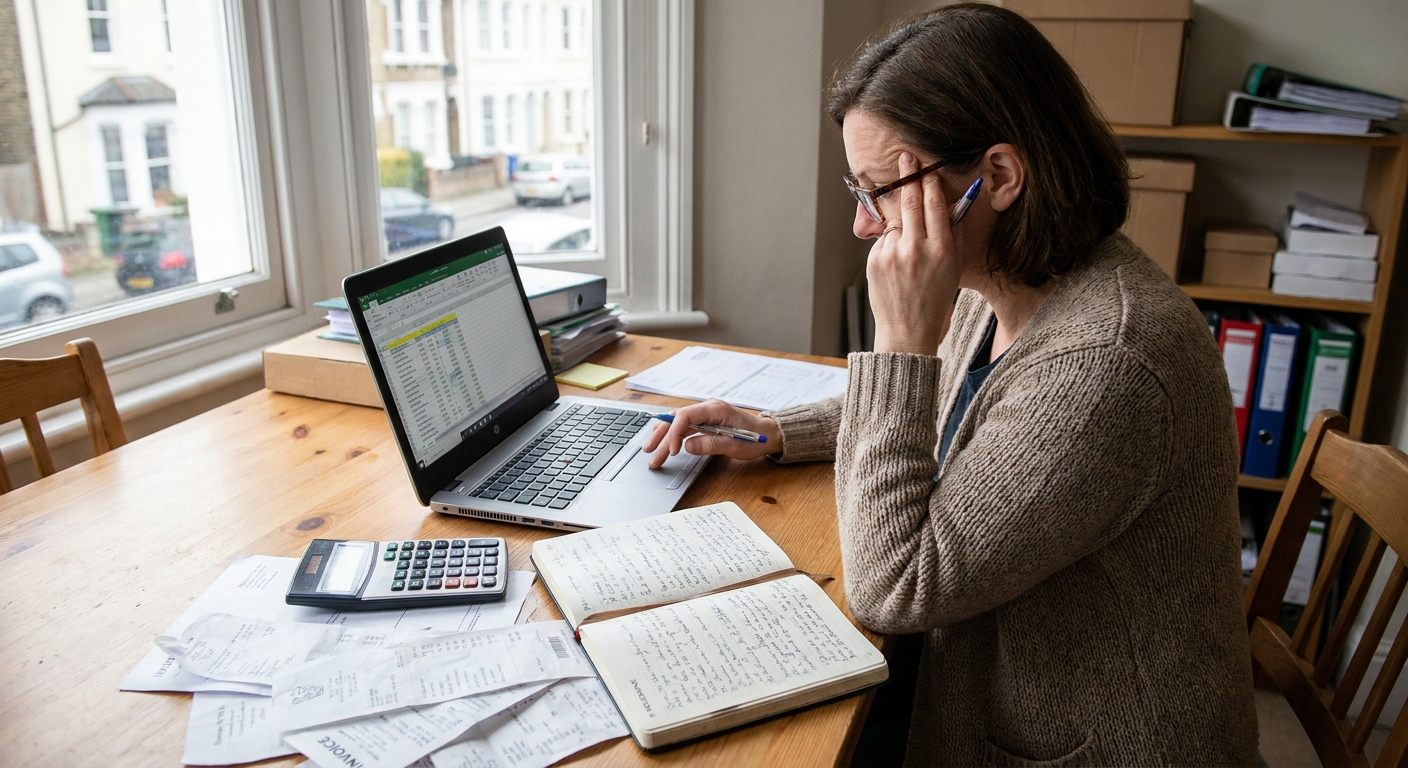 A small business owner reviewing a spreadsheet on a laptop with a notebook, calculator, and receipts spread out on a desk