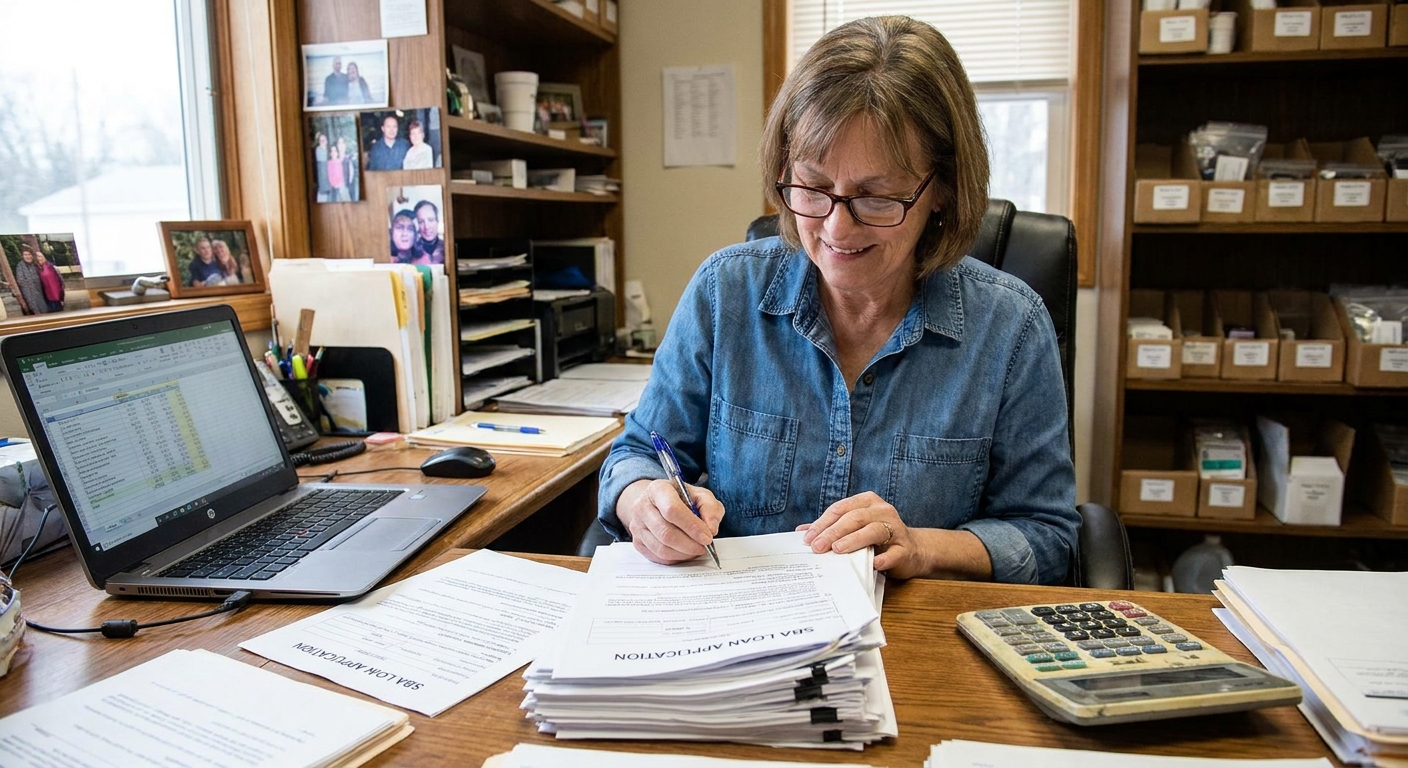 A small business owner reviewing and signing a stack of SBA loan documents at a desk with a laptop and a calculator