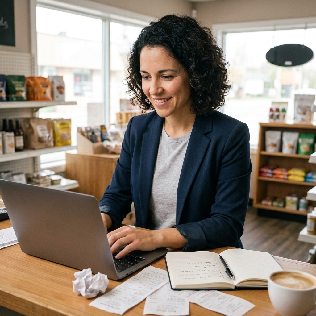 A small business owner reviewing bookkeeping records on a laptop at a storefront counter with receipts and a notebook nearby