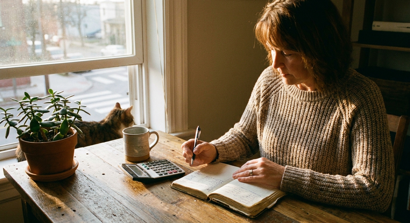 A small business owner reviewing expenses in a notebook with a calculator on a tidy desk, with afternoon light through a window