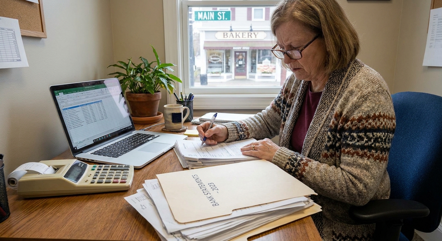 A small business owner reviewing loan paperwork at a desk with a laptop, calculator, and a folder of bank statements