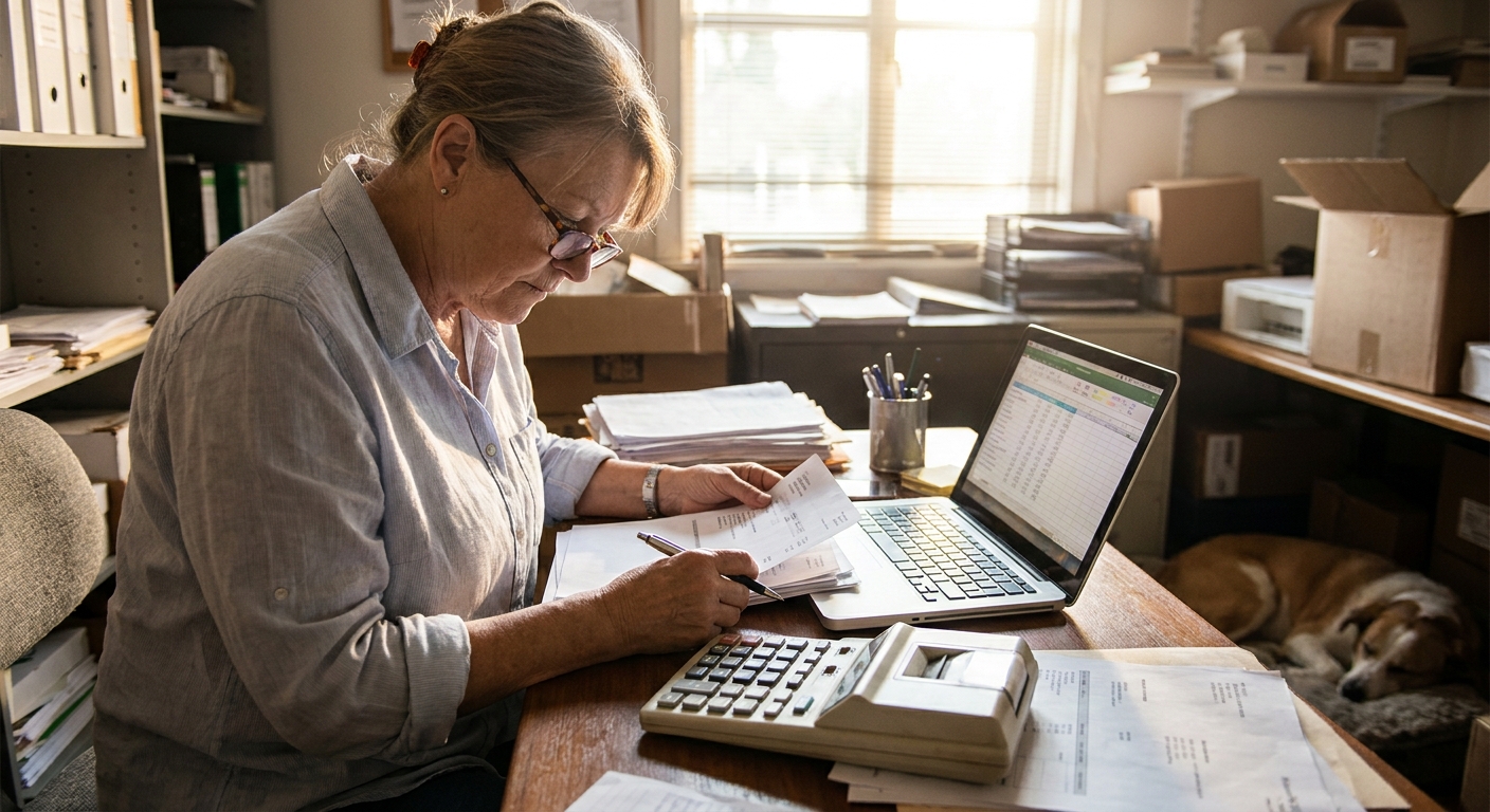 A small business owner reviewing payroll paperwork at a desk with a calculator and laptop open, afternoon office setting