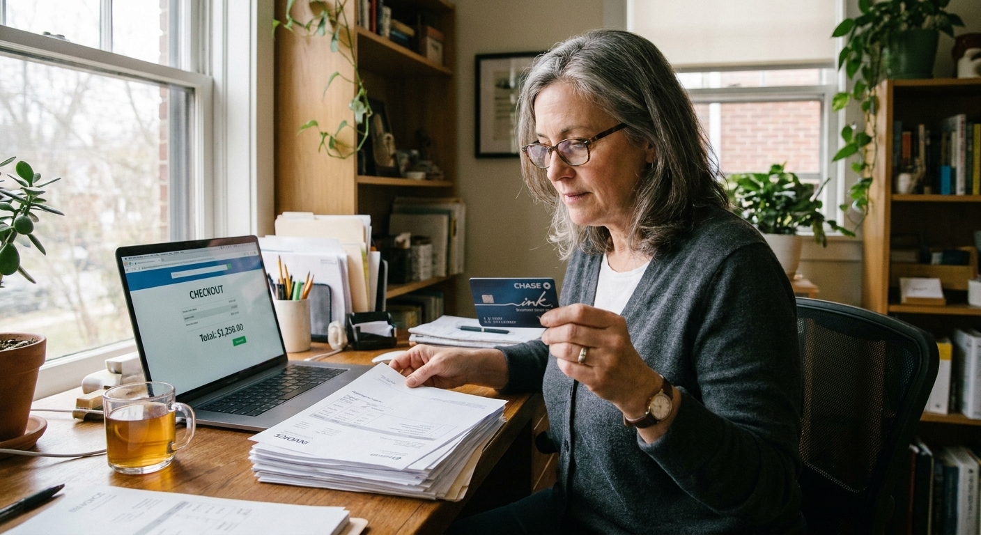A small business owner seated at a desk reviewing supplier invoices and a laptop checkout screen while holding a business credit card, natural office lighting