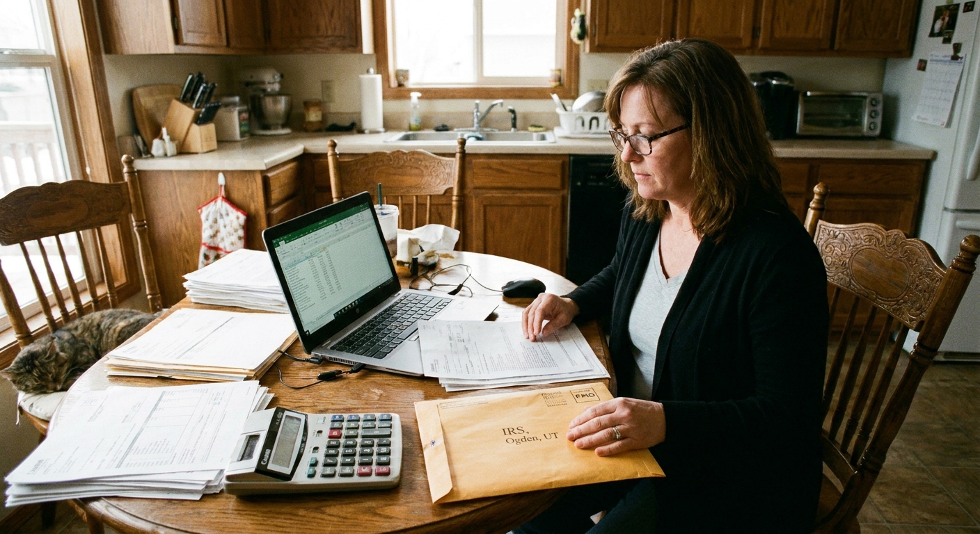 A small-business owner seated at a kitchen table reviewing paperwork next to a laptop and a calculator, with an addressed envelope ready to mail