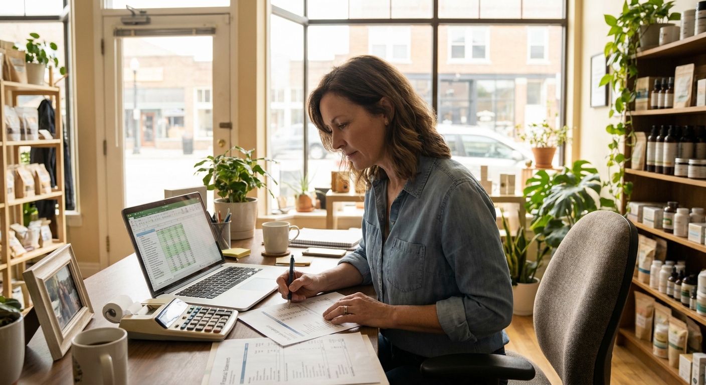 A small business owner sitting at a desk in a bright office, reviewing printed financial statements next to an open laptop and calculator