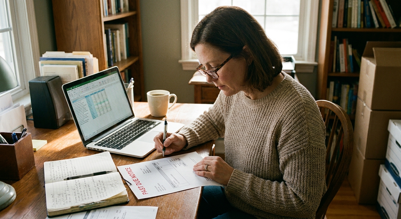 A small business owner sitting at a desk in a home office, reviewing a printed invoice and payment due notice next to a laptop and a notebook