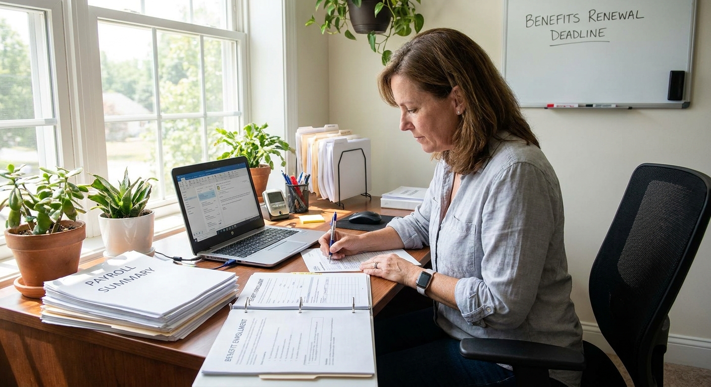 A small business owner sitting at a desk reviewing payroll reports and benefit paperwork with a laptop open in a bright office