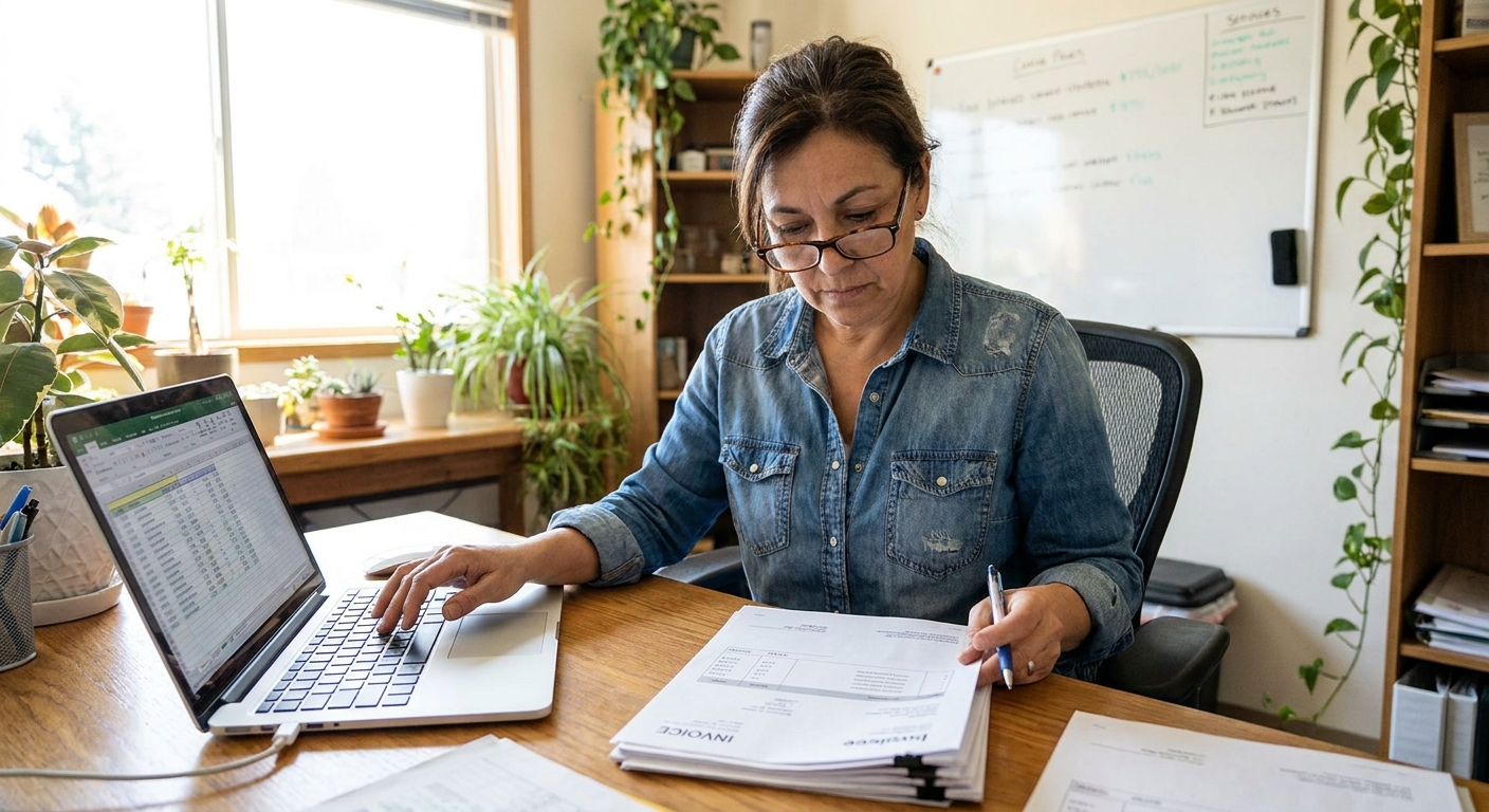 A small business owner sitting at a desk reviewing printed invoices and a laptop spreadsheet in a bright office, focused and thoughtful