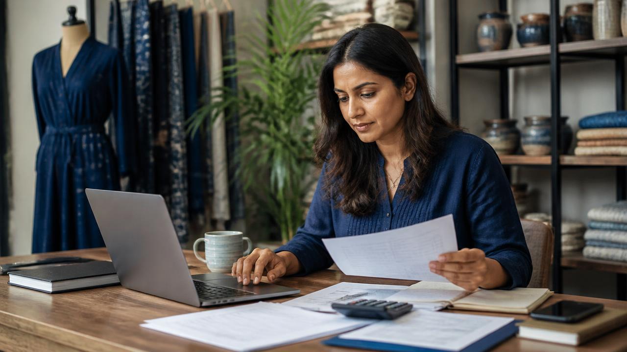 A small business owner sitting at a desk reviewing printed invoices and a laptop spreadsheet, with a calculator and a coffee mug nearby