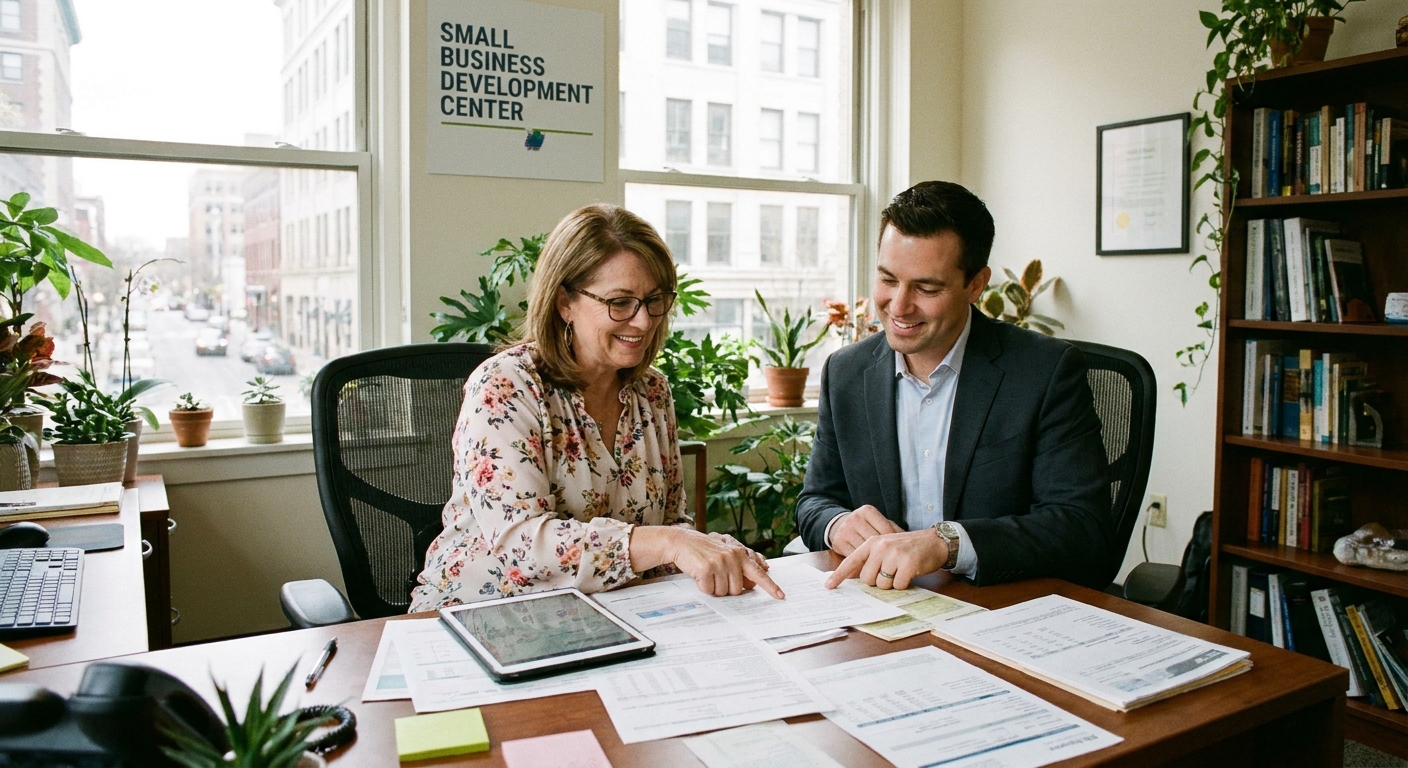 A small business owner sitting at a desk reviewing loan paperwork with a lending advisor in a bright office