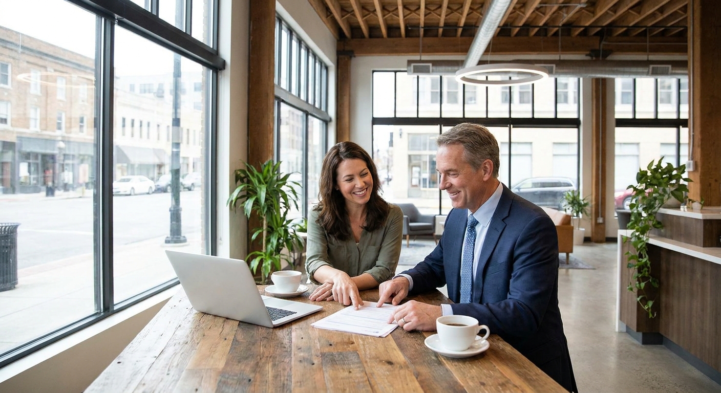 A small business owner sitting at a desk reviewing loan documents with a banker in a modern branch office