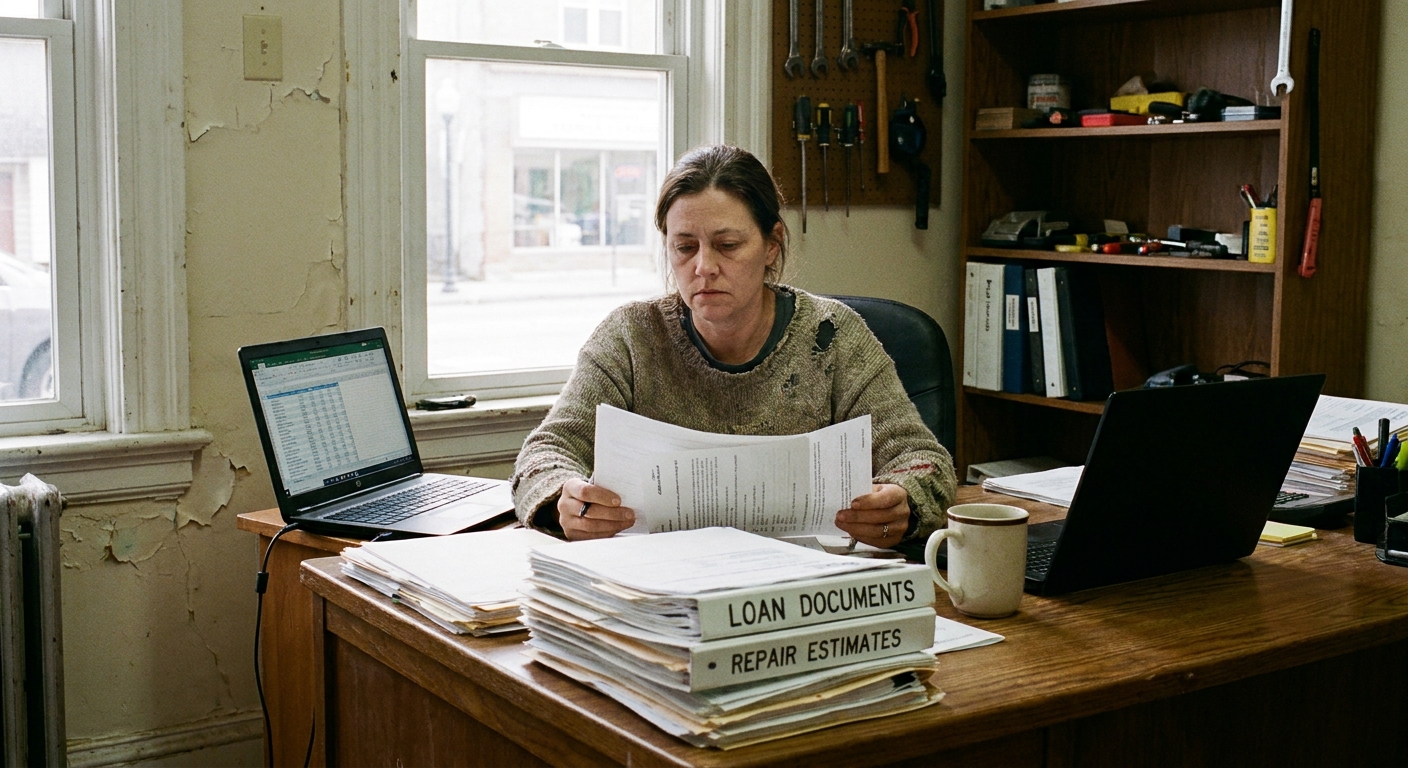 A small business owner sitting at a desk reviewing a stack of loan documents and repair estimates next to a laptop in a modest office