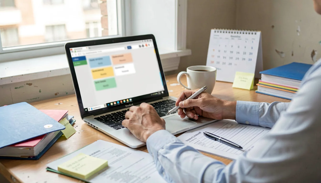 A small business owner sitting at a desk with a laptop open to payroll software, reviewing benefit deductions and paperwork in a bright office