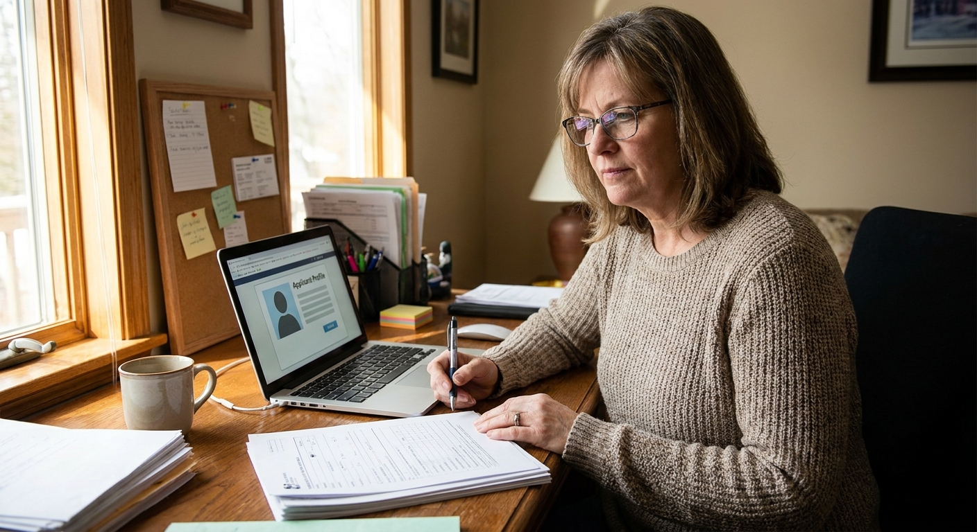 A small business owner sitting at a desk with a laptop and paperwork, reviewing a hiring decision in a home office setting