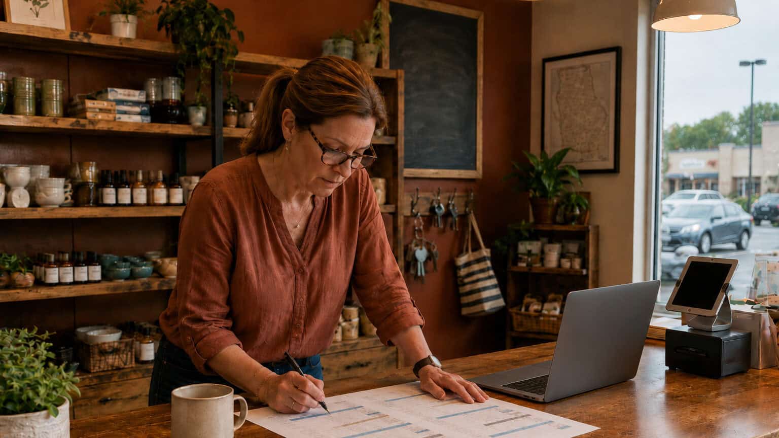 A small business owner sitting at a kitchen table in the evening reviewing health insurance paperwork with a calculator and a cup of coffee