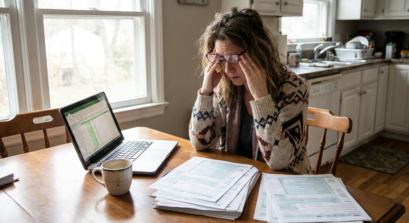 A small business owner sitting at a kitchen table reviewing printed tax forms and a laptop spreadsheet, natural indoor lighting