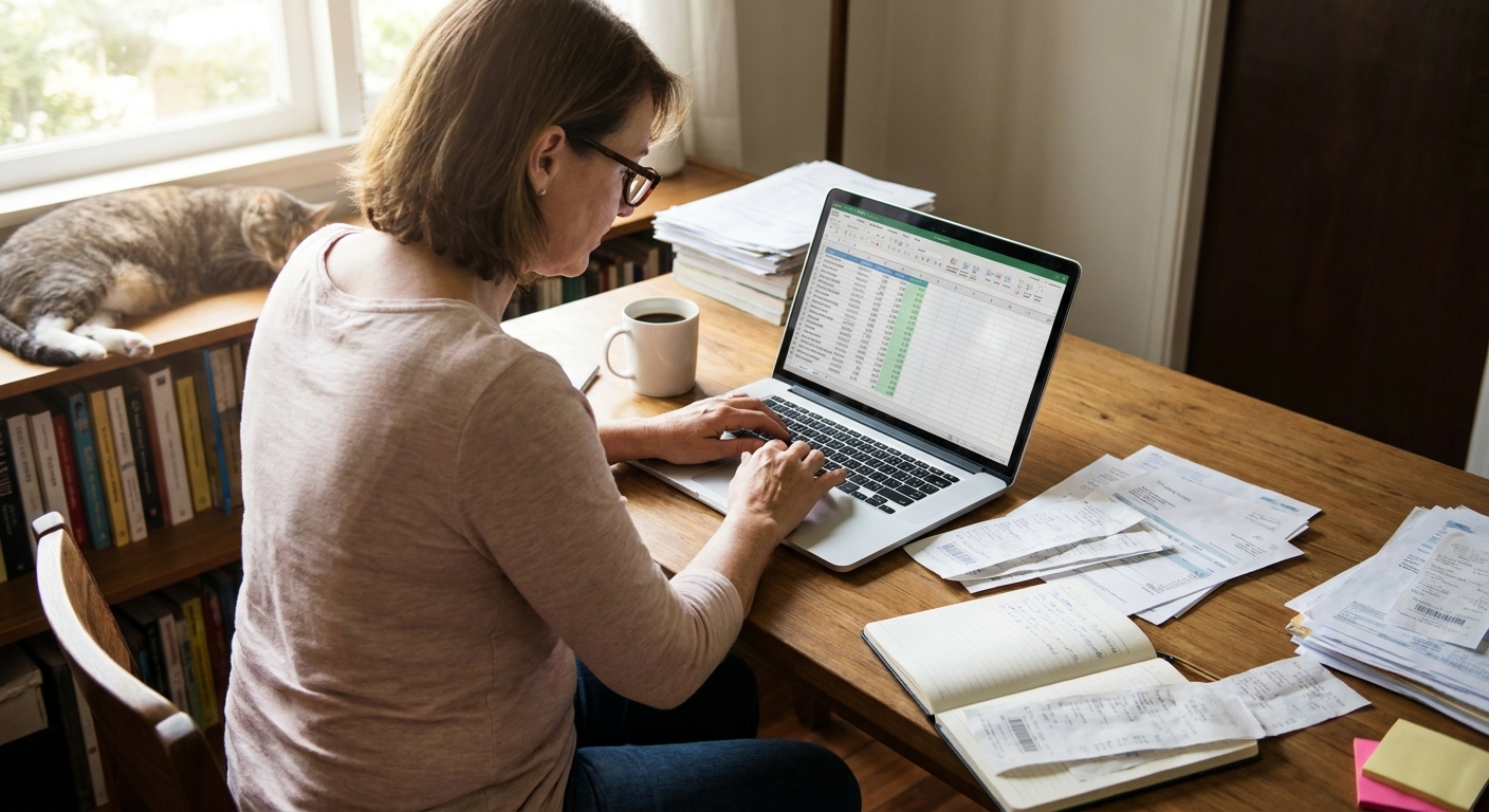 A small business owner sitting in a home office reviewing budgets on a laptop with paperwork spread across the desk