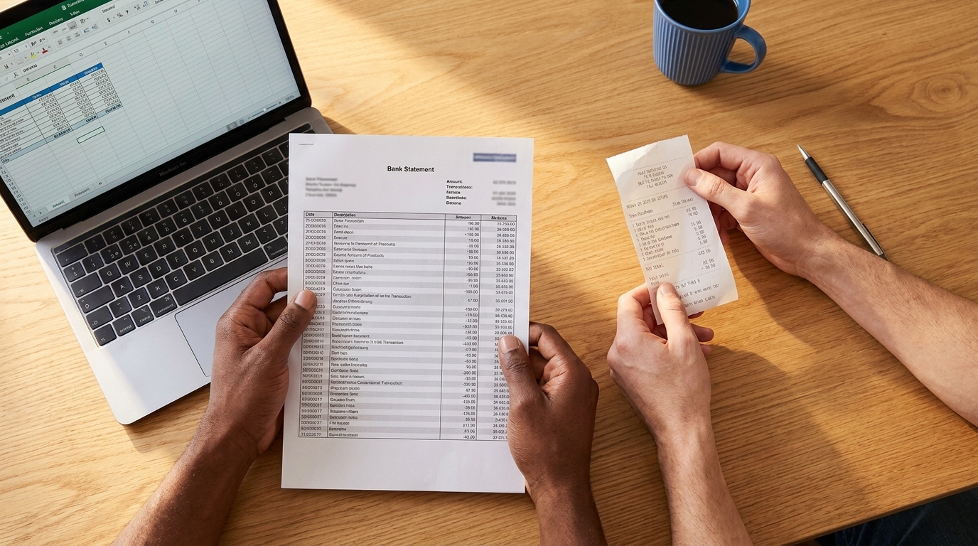 A small business owner sorting bank statements and receipts next to an open laptop