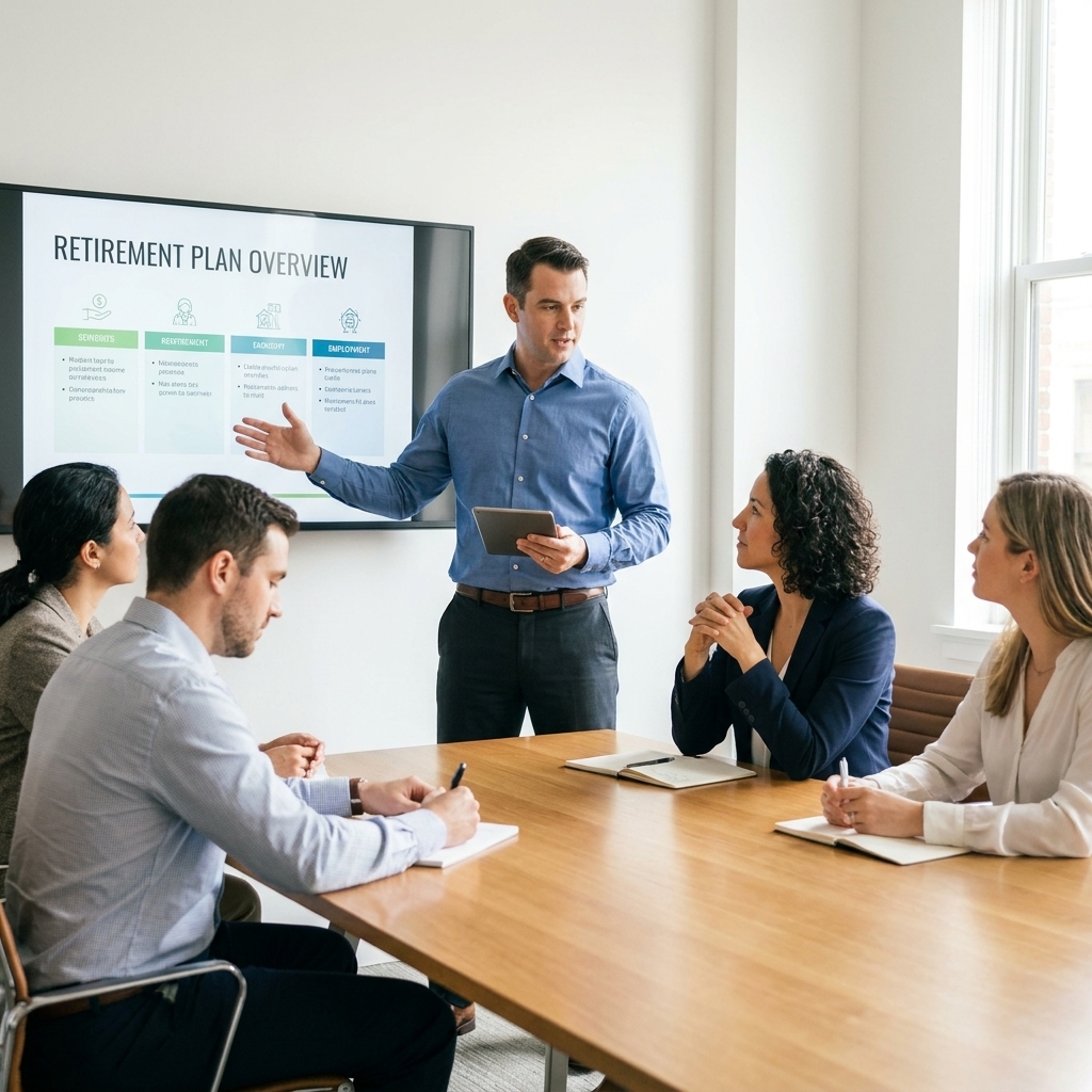 A small group of employees listening to an HR representative explain a retirement plan in a conference room
