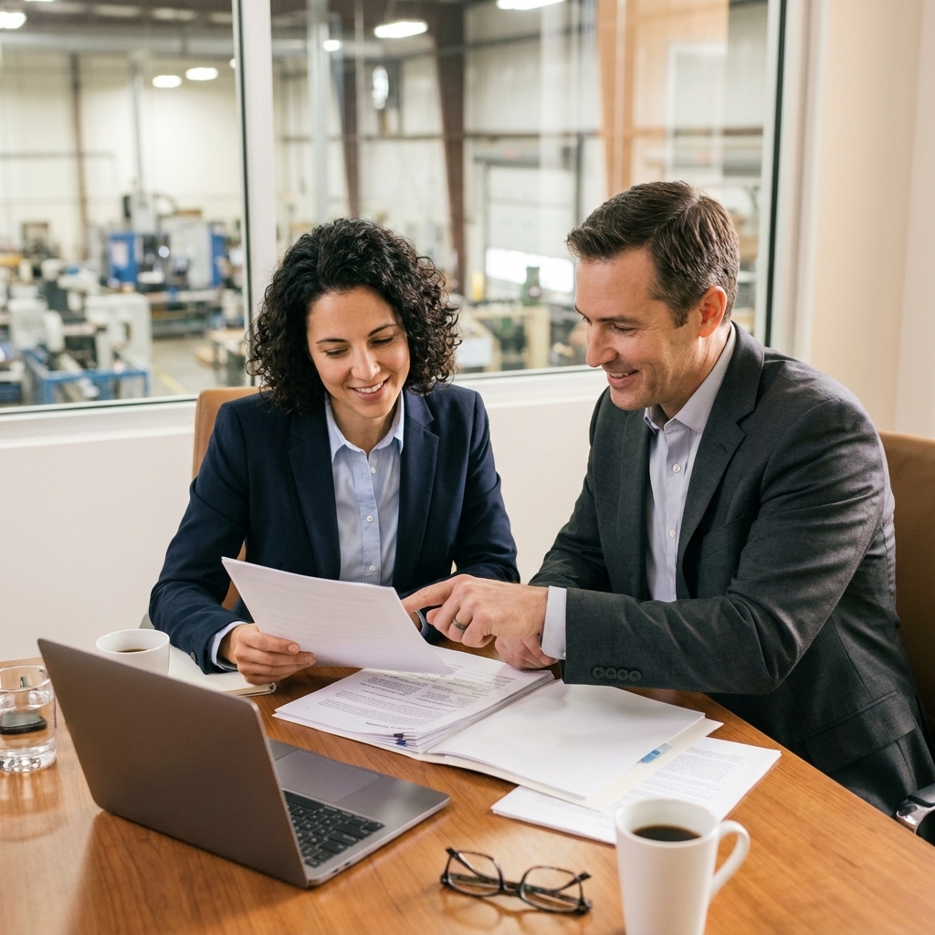 A small manufacturing business owner reviewing financing documents with a commercial banker in an office meeting