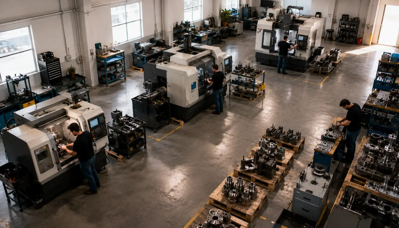 A small manufacturing shop floor with metalworking equipment and a supervisor holding a clipboard while inspecting production