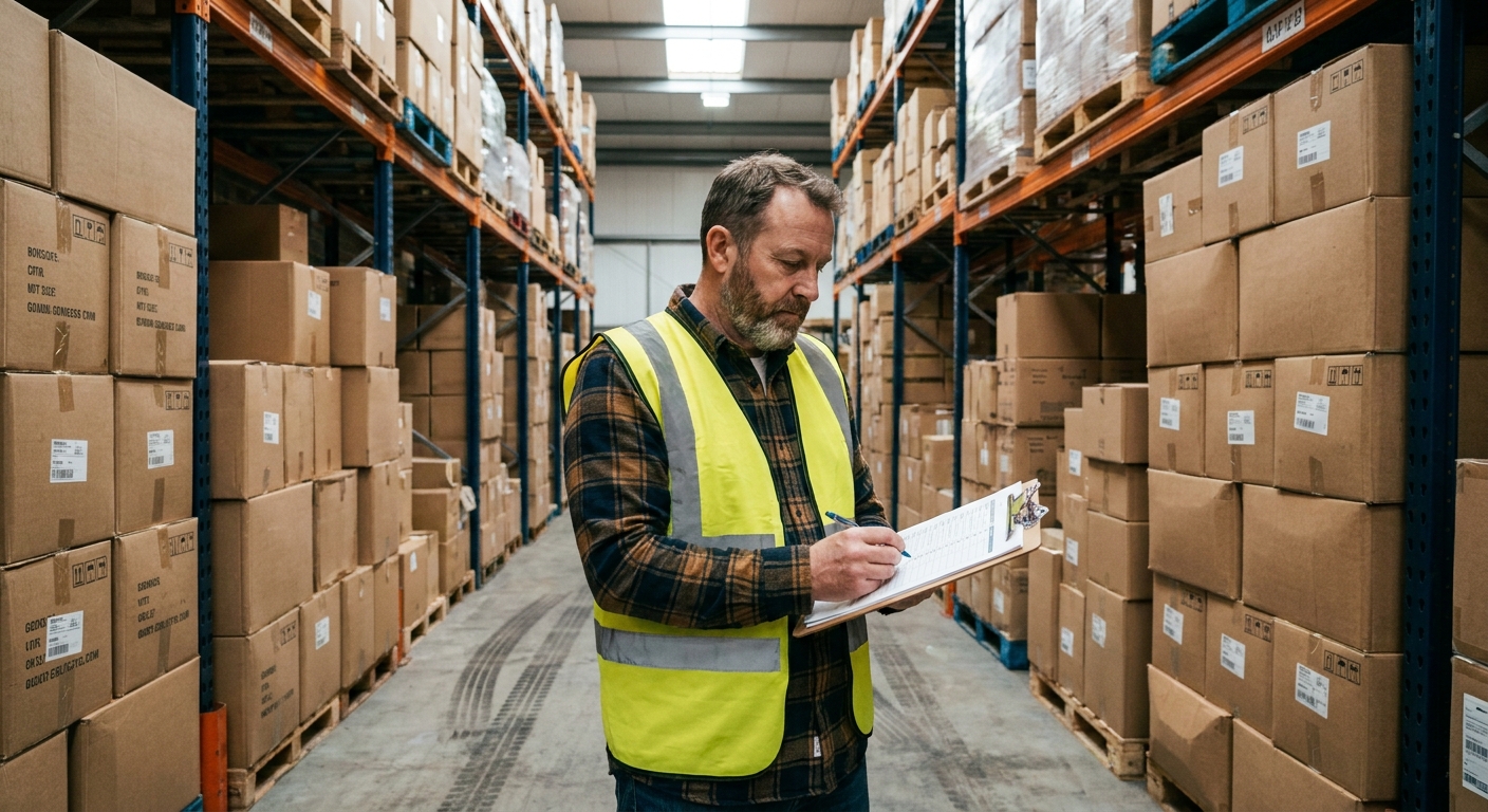 A small warehouse manager standing in an aisle of boxed inventory while reviewing a clipboard checklist