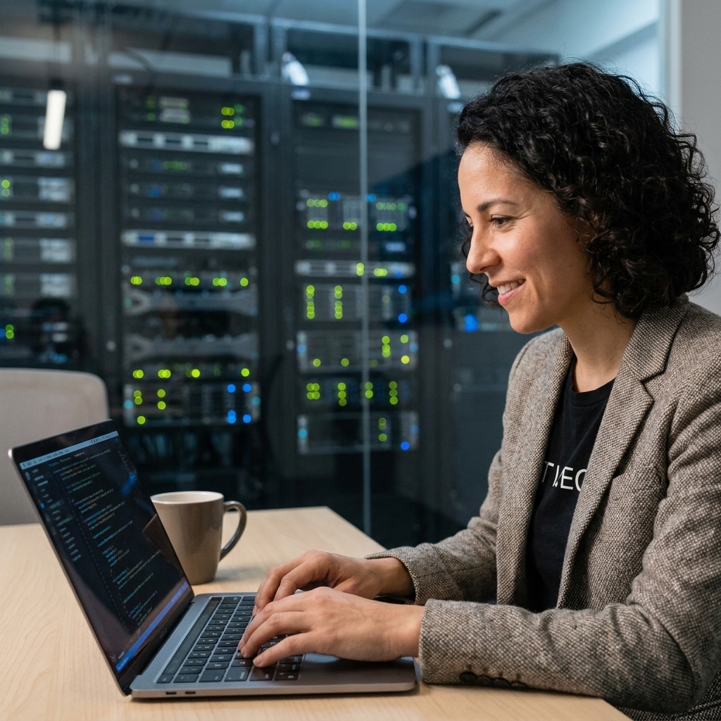 A software engineer in a tech office deploying an application on a laptop with server racks blurred in the background
