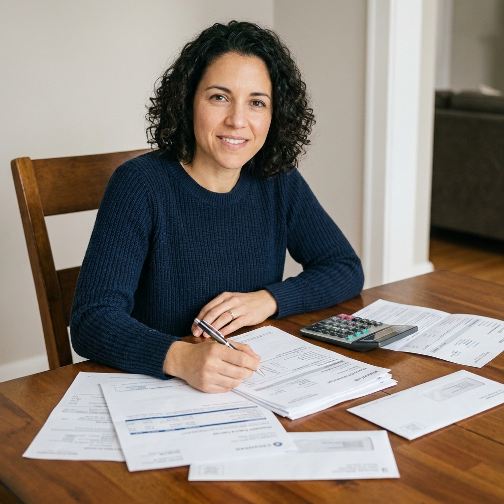 A stack of household bills and bank statements spread across a dining table with a calculator beside them