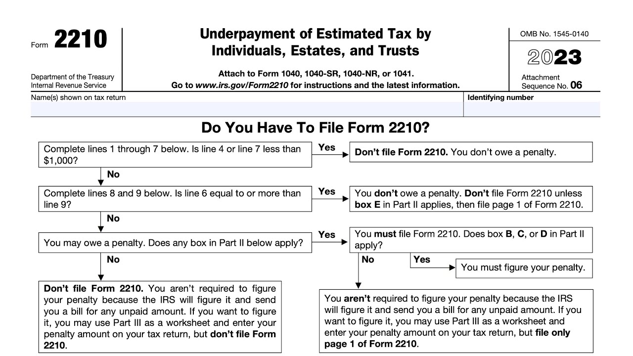 A taxpayer at a kitchen table reviewing IRS Form 2210 with a laptop, calculator, and a folder of business income records