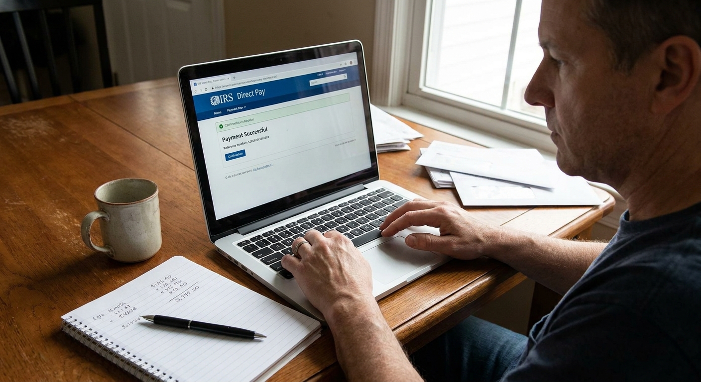 A taxpayer using a laptop to make a federal tax payment online, with a notebook and pen on the desk