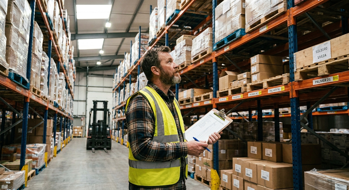 A warehouse manager walking an aisle of pallet racking while checking inventory levels on a clipboard