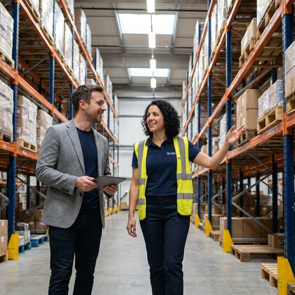 A warehouse manager walking an equipment vendor through an aisle of pallet racking while discussing an upgrade plan