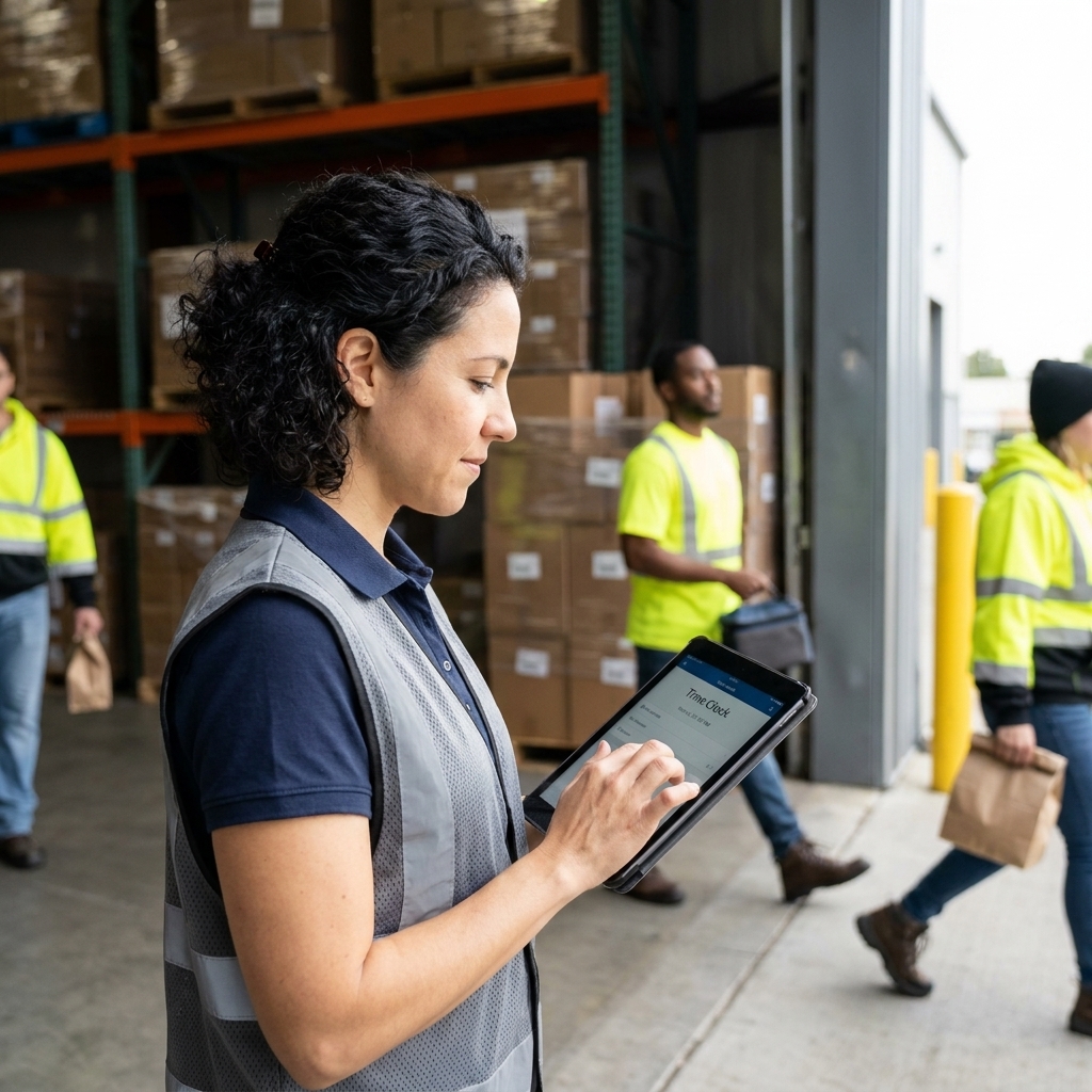 A warehouse supervisor reviewing employee time punches on a tablet near a facility entrance during a shift change