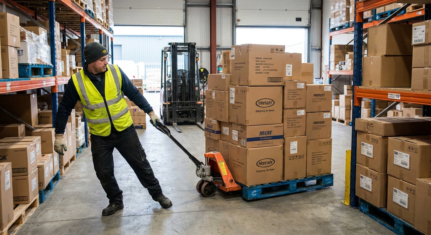 A warehouse worker moving cardboard boxes on a pallet jack inside a small distribution warehouse