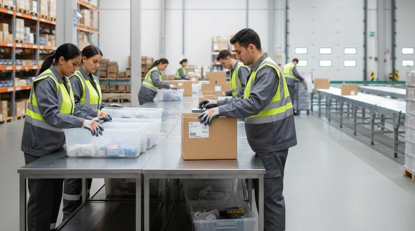 A warehouse worker using a pallet jack to move stacked boxes of seasonal merchandise in a small warehouse aisle