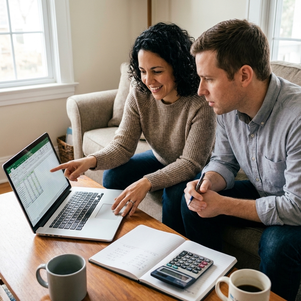 A young couple sitting on a living room couch reviewing their monthly budget on a laptop while a notebook and calculator rest on the coffee table